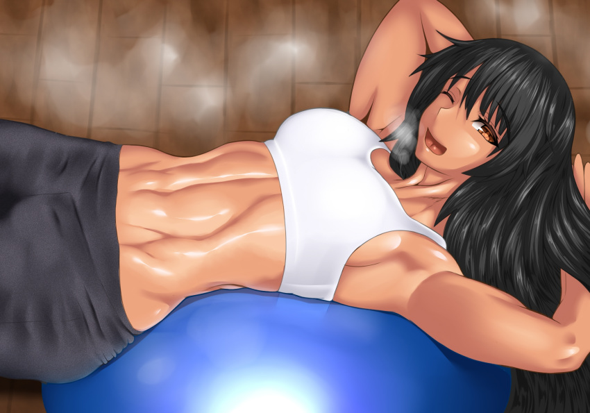 1girl abs armpits ball black_hair breasts brown_eyes exercise_ball highres long_hair looking_at_viewer lying_on_another medium_breasts midriff muscle muscular_female navel one_eye_closed original smile solo tank_top threediamond very_long_hair white_tank_top
