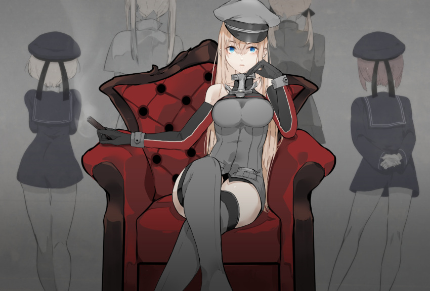 5girls anchor bangs bismarck_(kantai_collection) blonde_hair blue_eyes blush breasts brown_hair capelet chair cigar crossed_legs dress elbow_gloves gloves graf_zeppelin_(kantai_collection) grey_legwear hat holding kantai_collection long_hair long_sleeves military military_uniform multiple_girls nello_(luminous_darkness) parted_lips peaked_cap prinz_eugen_(kantai_collection) ribbon sailor_collar sailor_dress sailor_hat short_hair sitting smoke standing thigh-highs twintails uniform z1_leberecht_maass_(kantai_collection) z3_max_schultz_(kantai_collection)