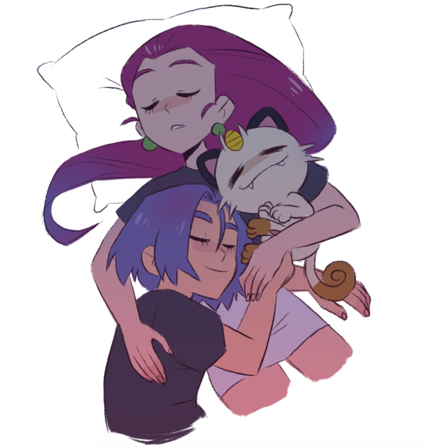bed blue_hair highres hug kiana_mai kojirou_(pokemon) meowth musashi_(pokemon) pillow pokemon pokemon_(anime) sleeping team_rocket