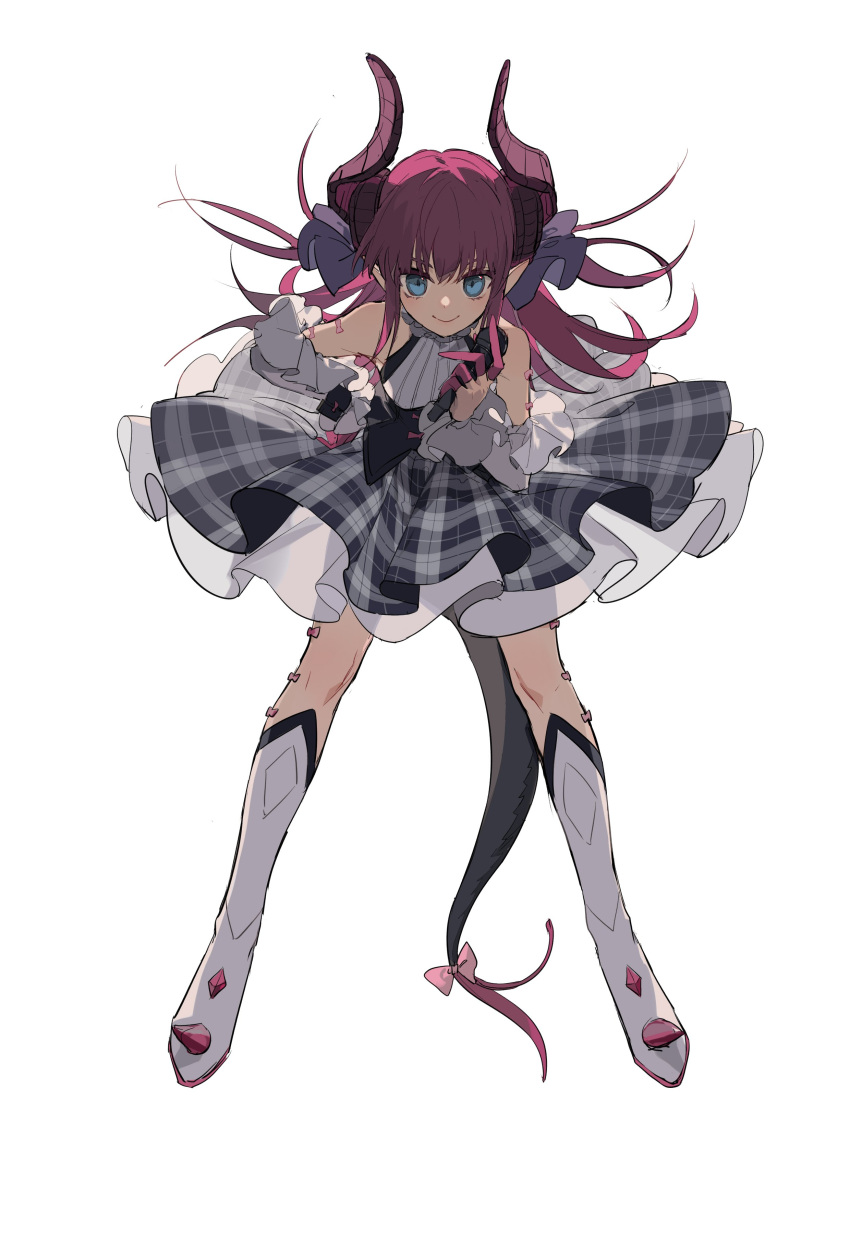 1girl absurdres aqua_eyes boots bow elbow_gloves elizabeth_bathory_(fate)_(all) fate/grand_order fate_(series) gloves hand_on_hip highres horns knee_boots legs_apart long_hair microphone pink_hair plaid plaid_skirt pointy_ears skirt smile solo tail tail_bow underskirt white_background zhibuji_loom