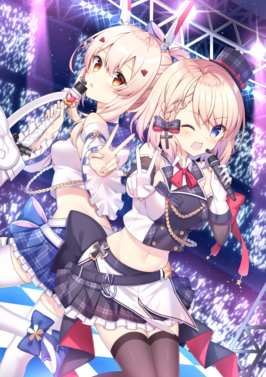 2girls ;d absurdres arm_warmers ayanami_(azur_lane) ayanami_(troubled_star_idol)_(azur_lane) azur_lane bare_shoulders belt black_skirt blonde_hair blue_eyes blue_footwear blue_skirt bow breasts brown_legwear checkered checkered_floor crop_top detached_sleeves dutch_angle frilled_skirt frills gloves glowstick hair_bow hair_ornament hat headgear highres holding holding_microphone holding_sword holding_weapon idol leg_up long_hair long_sleeves looking_at_viewer looking_back medium_breasts microphone midriff mini_hat miniskirt multiple_girls navel one_eye_closed open_mouth orange_eyes plaid plaid_skirt pleated_skirt ponytail shirt shoes short_hair skirt sleeveless sleeveless_shirt smile stage_lights stomach sword takeg05 thigh-highs top_hat v weapon white_gloves white_legwear white_shirt wide_sleeves wing_collar z23_(azur_lane) z23_(serious_idol_-_is_she_also_the_manager!?)_(azur_lane) zettai_ryouiki