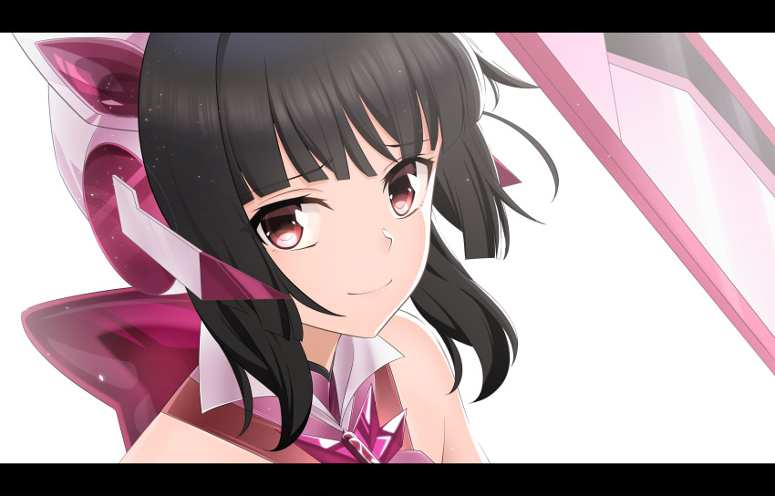 1girl absurdres bangs bare_shoulders black_hair blunt_bangs closed_mouth highres letterboxed looking_at_viewer nyanmaru red_eyes senki_zesshou_symphogear smile solo tsukuyomi_shirabe upper_body white_background