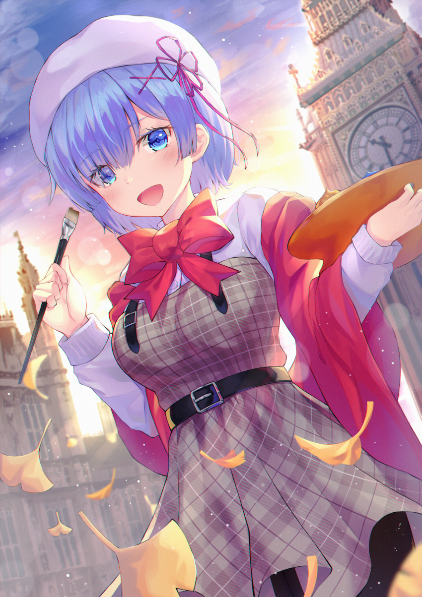 1girl :d absurdres bangs belt belt_buckle beret black_belt blue_eyes blue_hair blurry blurry_background blush bow breasts buckle clock clock_tower clouds cloudy_sky collared_shirt commentary_request depth_of_field dress dress_shirt evening eyebrows_visible_through_hair ginkgo grey_dress hair_ornament hair_over_one_eye hair_ribbon hairclip hat highres holding holding_paintbrush huge_filesize hyonee long_sleeves looking_at_viewer medium_breasts open_mouth outdoors paintbrush palette pink_ribbon plaid plaid_dress re:zero_kara_hajimeru_isekai_seikatsu red_bow rem_(re:zero) ribbon roman_numerals shawl shirt sky smile solo tower white_headwear white_shirt x_hair_ornament