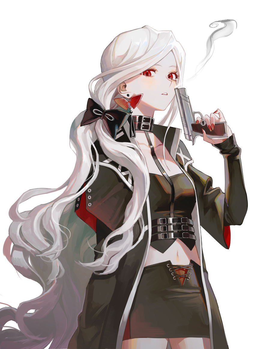 1girl absurdres black_coat bow coat collar collarbone earrings forever_7th_capital gun hair_bow highres holding holding_gun holding_weapon jewelry long_hair looking_at_viewer migumi miniskirt red_eyes red_nails simple_background skirt smoke smoking_gun solo very_long_hair weapon white_background white_hair