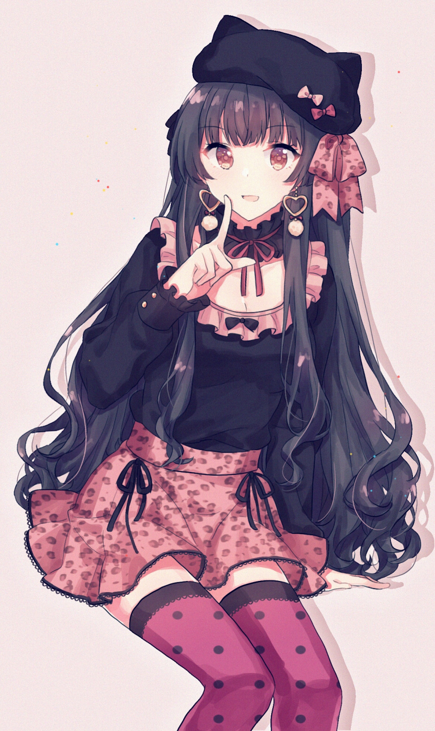1girl :d animal_ears animal_hat animal_print bangs beret black_hair black_headwear black_shirt bow breasts brown_background brown_eyes cat_ears cat_hat drop_shadow earrings eyebrows_visible_through_hair fake_animal_ears gocoli hair_bow hat heart heart_earrings highres idolmaster idolmaster_shiny_colors jewelry leopard_print long_hair long_sleeves mayuzumi_fuyuko open_mouth pink_bow pink_skirt polka_dot polka_dot_legwear print_bow print_skirt red_legwear red_ribbon ribbon shirt sitting skirt sleeves_past_wrists small_breasts smile solo thigh-highs very_long_hair