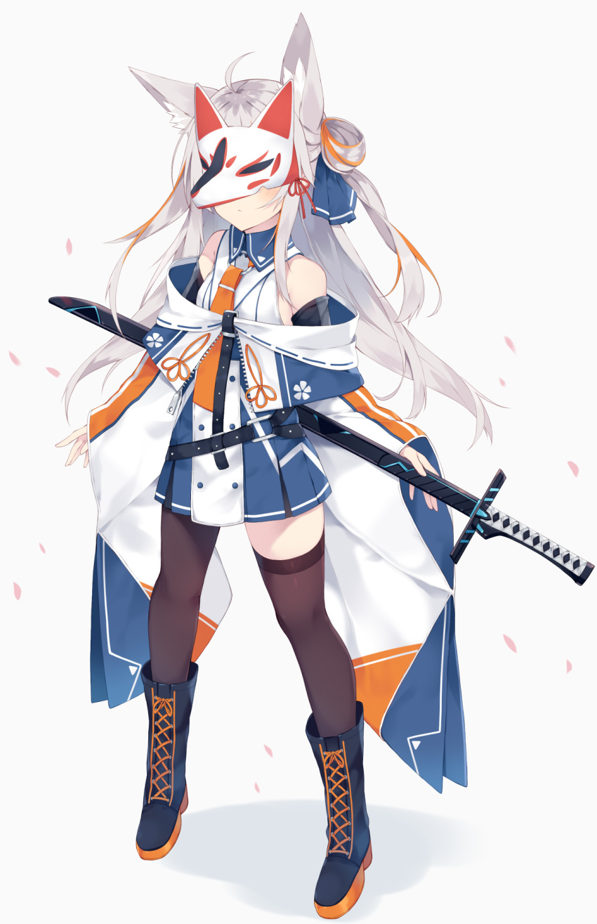 1girl ahoge animal_ear_fluff animal_ears bare_shoulders belt boots brown_legwear commentary_request fox_ears fox_mask full_body grey_hair hair_bun high-waist_skirt highres holding holding_sword holding_weapon japanese_clothes long_hair long_sleeves mask mismatched_legwear nibiiro_shizuka off_shoulder original pantyhose pleated_skirt shirt simple_background skirt solo standing sword thigh-highs two_side_up weapon white_background white_shirt wide_sleeves wing_collar