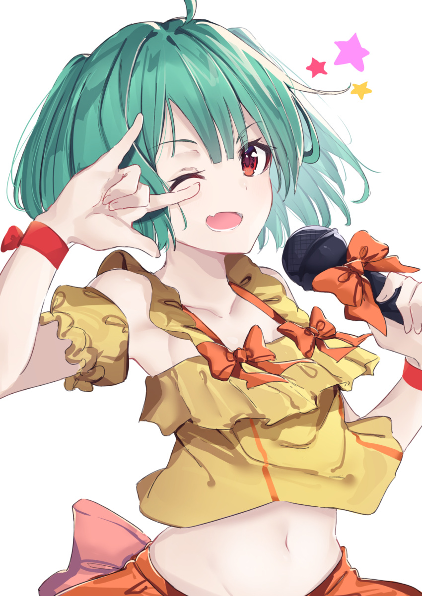1girl ;d ahoge arm_up bare_shoulders brown_skirt camisole commentary_request detached_sleeves fang green_hair highres holding holding_microphone looking_at_viewer macross macross_frontier microphone midriff navel one_eye_closed open_mouth puffy_short_sleeves puffy_sleeves ranka_lee red_eyes short_sleeves simple_background skirt smile solo star tapioka_(oekakitapioka) white_background yellow_camisole yellow_sleeves