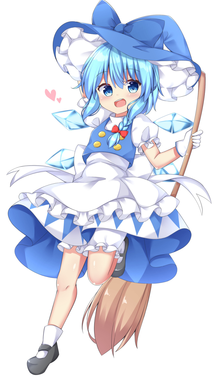 1girl :d apron blue_eyes blue_hair blue_skirt blue_vest braid broom cirno cosplay gloves hat heart highres ice ice_wings kirisame_marisa kirisame_marisa_(cosplay) kuraaken looking_at_viewer mary_janes open_mouth puffy_short_sleeves puffy_sleeves shirt shoes short_sleeves single_braid skirt smile touhou vest white_shirt wings witch_hat