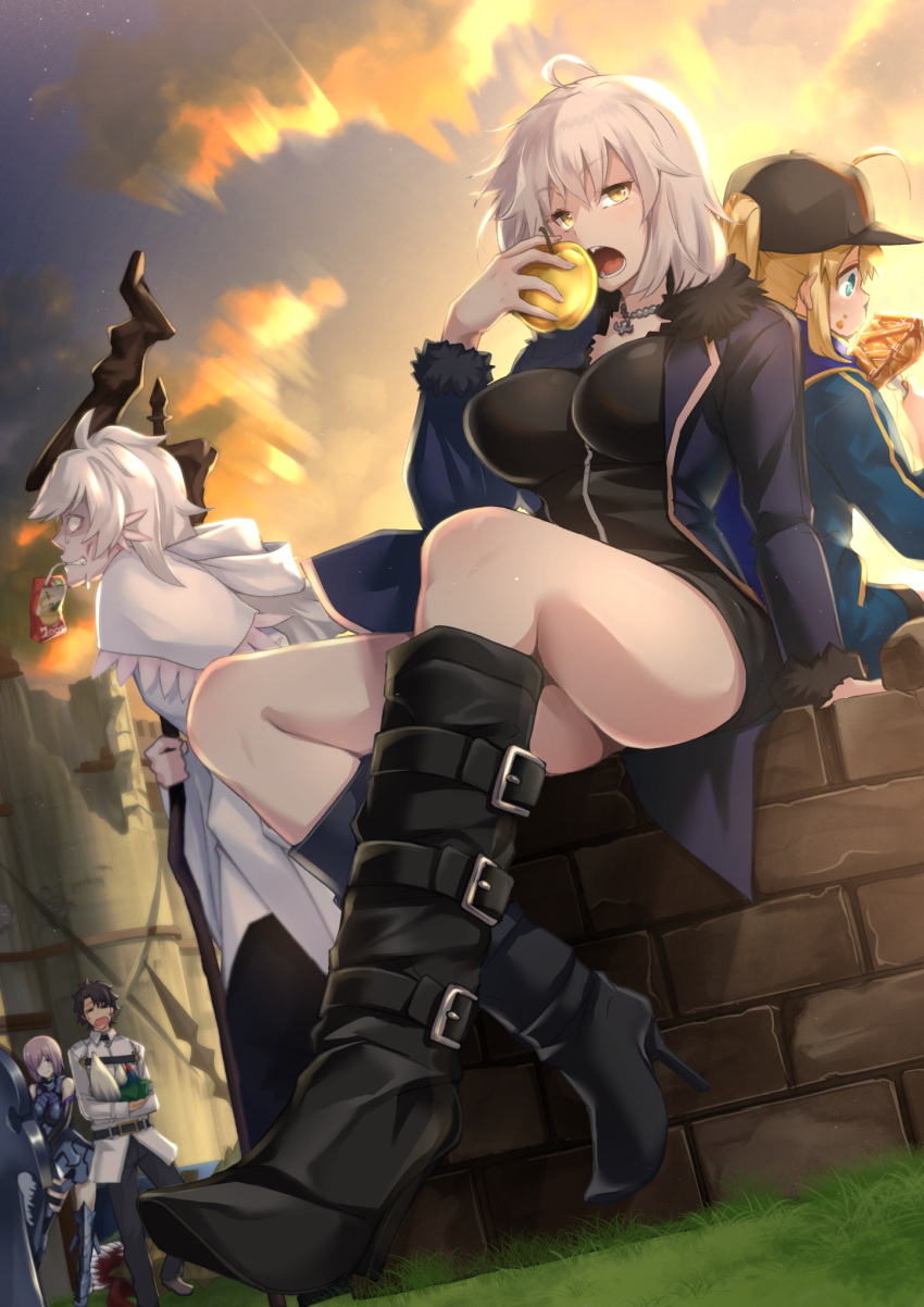 2boys 3girls ahoge arm_support armor armored_dress artoria_pendragon_(all) bangs baseball_cap boots breasts cape day eating fate/grand_order fate_(series) food fujimaru_ritsuka_(male) fur_trim golden_apple hat high_heel_boots high_heels highres jacket jeanne_d'arc_(alter)_(fate) jeanne_d'arc_(fate)_(all) jewelry keigen_hichou large_breasts long_sleeves looking_at_viewer mash_kyrielight merlin_(fate) multiple_boys multiple_girls mysterious_heroine_x necklace open_clothes open_jacket open_mouth outdoors pie shield short_hair sitting staff thighs