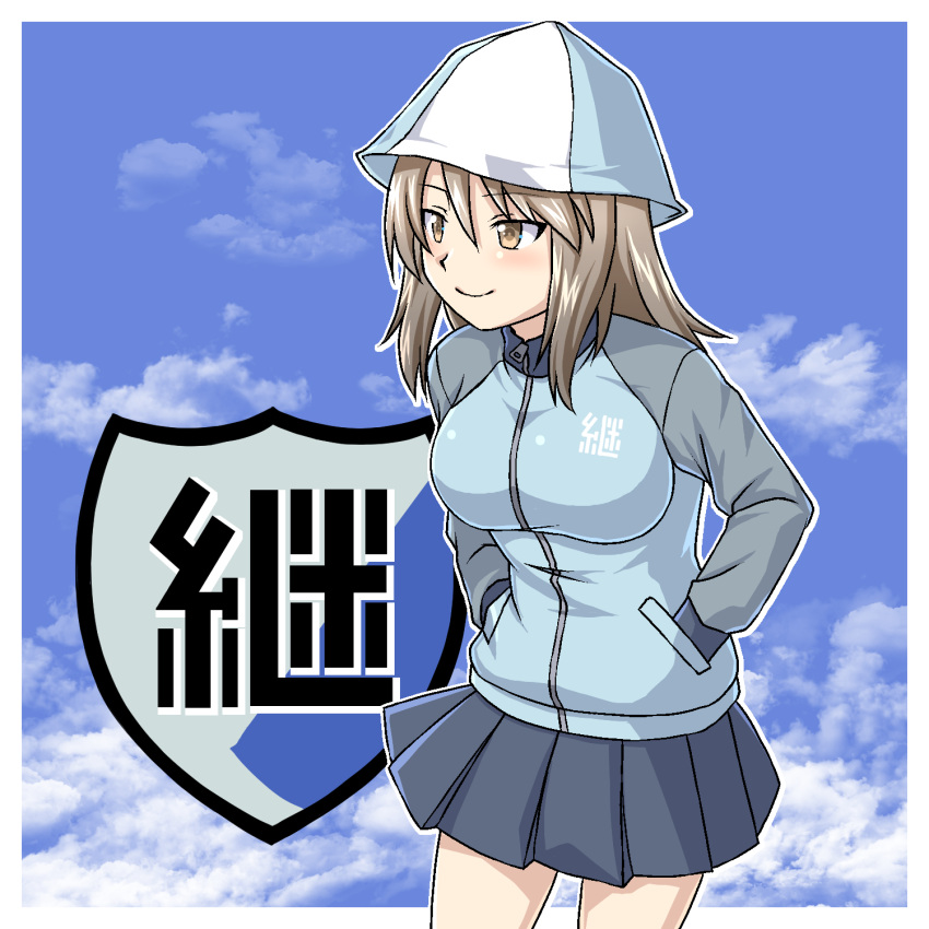 1girl beni_(bluebluesky) blue_headwear blue_jacket blue_skirt blue_sky brown_eyes brown_hair closed_mouth clouds cloudy_sky commentary cowboy_shot day emblem eyebrows_visible_through_hair girls_und_panzer hands_in_pockets hat highres jacket keizoku_(emblem) keizoku_military_uniform leaning_forward long_hair long_sleeves looking_to_the_side mika_(girls_und_panzer) military military_uniform miniskirt outline pleated_skirt raglan_sleeves skirt sky smile solo track_jacket uniform white_outline zipper