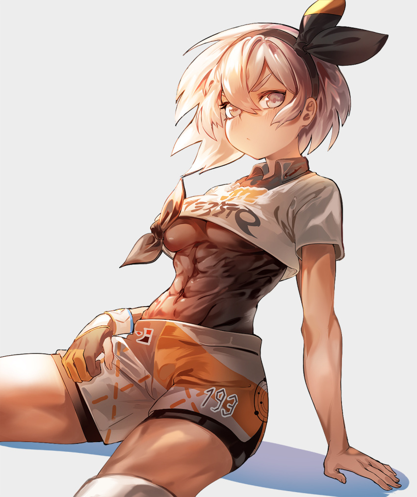 1girl abs arm_support black_bodysuit black_gloves black_hairband black_ribbon blush bodysuit bodysuit_under_clothes breasts closed_mouth clothes_writing covered_navel crop_top crop_top_overhang gloves grey_eyes hair_ribbon hairband highres leaning_back medium_breasts partly_fingerless_gloves pokemon pokemon_(game) pokemon_swsh ribbon saitou_(pokemon) shirt short_hair short_sleeves shorts silver_hair single_glove sitting skin_tight snowru solo tied_shirt v-shaped_eyebrows