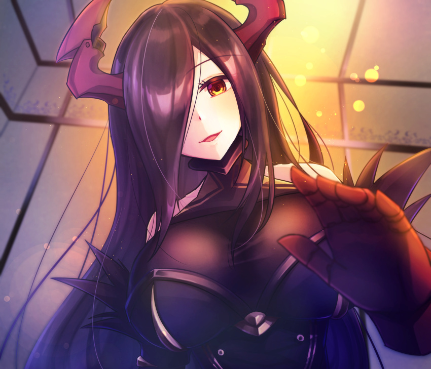 1girl absurdres artist_request azur_lane bangs bare_shoulders black_hair blush breasts commentary_request eyebrows_visible_through_hair friedrich_der_grosse_(azur_lane) gloves hair_over_one_eye highres lap_pov large_breasts long_hair looking_at_viewer open_mouth red_gloves red_horns smile solo very_long_hair yellow_eyes
