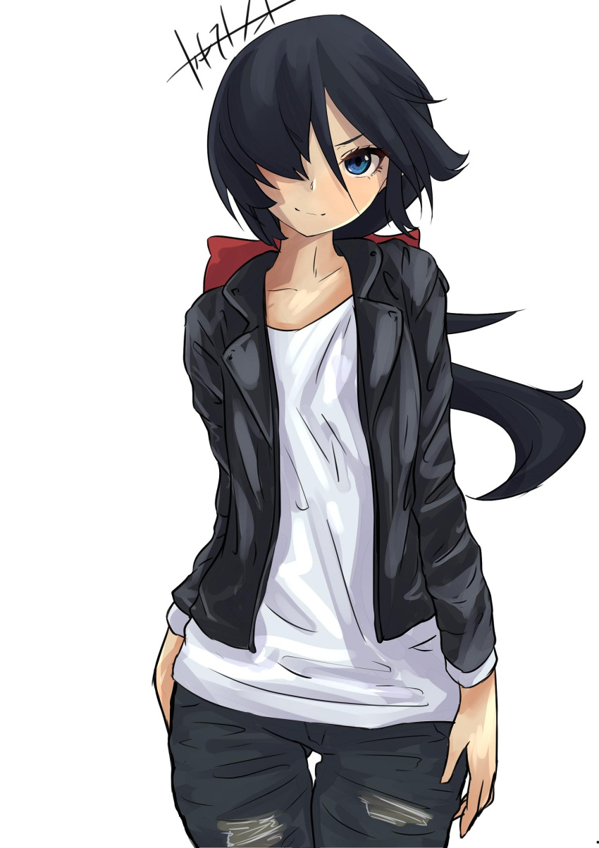 1girl artist_name bangs black_hair black_jacket black_pants blue_eyes bow casual closed_mouth commentary cowboy_shot dark_skin denim girls_und_panzer hair_bow hair_over_one_eye highres jacket jeans kakimoto_nao long_hair long_sleeves looking_at_viewer ogin_(girls_und_panzer) pants ponytail red_bow shirt signature simple_background smile solo standing torn_clothes torn_jeans torn_pants white_background white_shirt