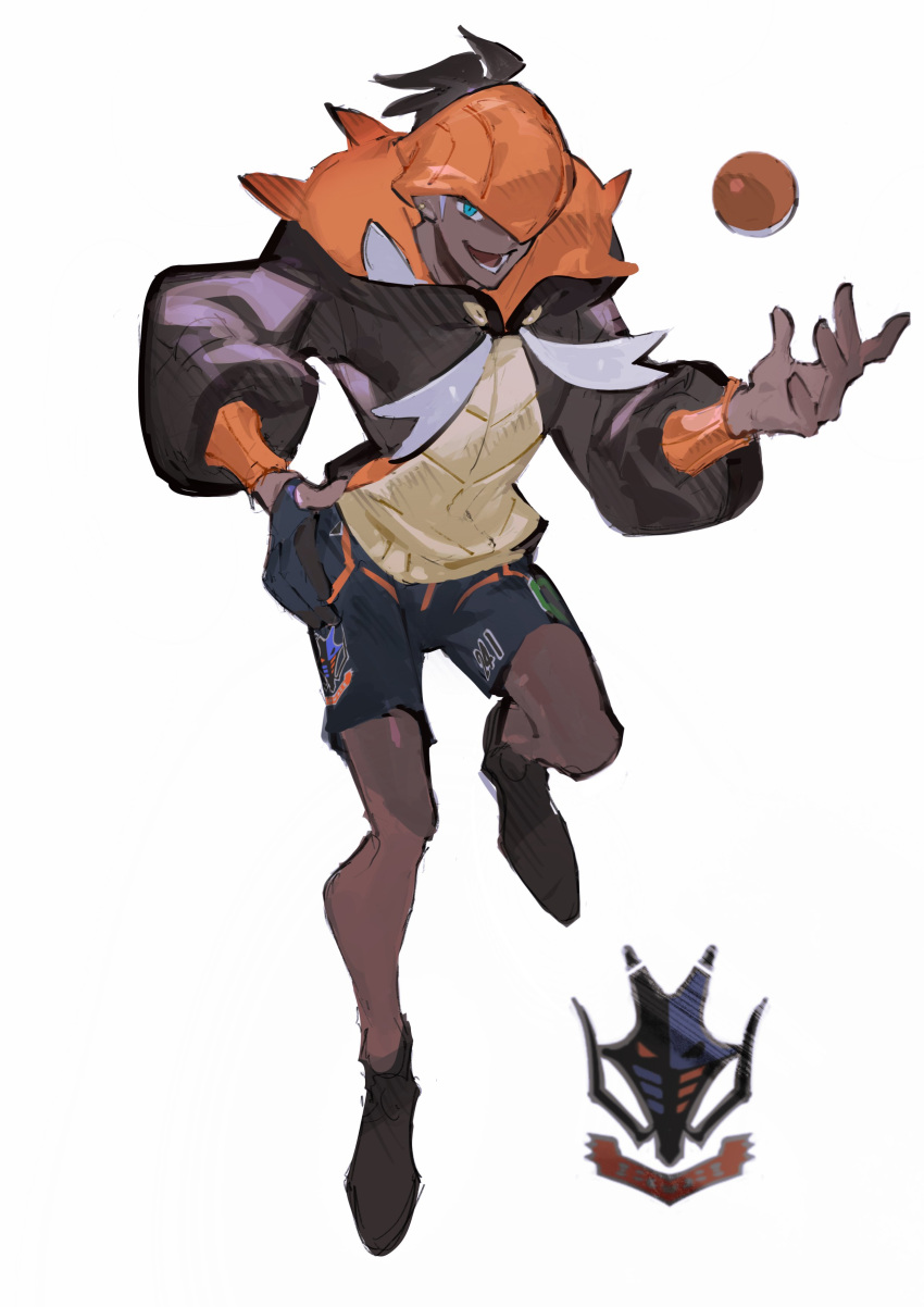 1boy absurdres black_hair blue_eyes dark_skin dark_skinned_male fang gloves gym_leader hairlocs hat highres jacket kibana_(pokemon) male_focus mono_(monoia14) open_mouth orange_headwear poke_ball poke_ball_(generic) pokemon pokemon_(game)