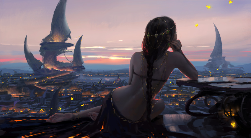 1girl absurdres anklet arm_support back bare_back bare_shoulders barefoot bikini black-haired_girl_(wlop) black_bikini black_hair braid bug building butterfly circlet city clouds cloudy_sky earrings evening facing_away fantasy feet from_behind gem ghostblade glowing hand_on_own_face hand_up highres insect jewelry long_hair magatama magatama_earrings outdoors paid_reward patreon_reward reclining sarong shoulder_blades single_braid sitting sky soles solo sunlight sunset swimsuit table toes very_long_hair wlop yokozuwari