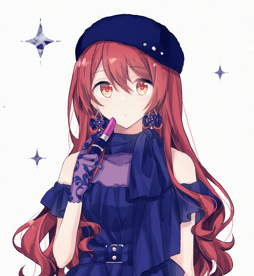 1girl bare_shoulders beret blue_dress blue_headwear brown_eyes brown_hair covered_collarbone dress gloves gocoli grey_background hat highres holding idolmaster idolmaster_shiny_colors lipstick lipstick_tube long_hair looking_at_viewer makeup off-shoulder_dress off_shoulder oosaki_tenka parted_lips purple_gloves solo sparkle tilted_headwear very_long_hair