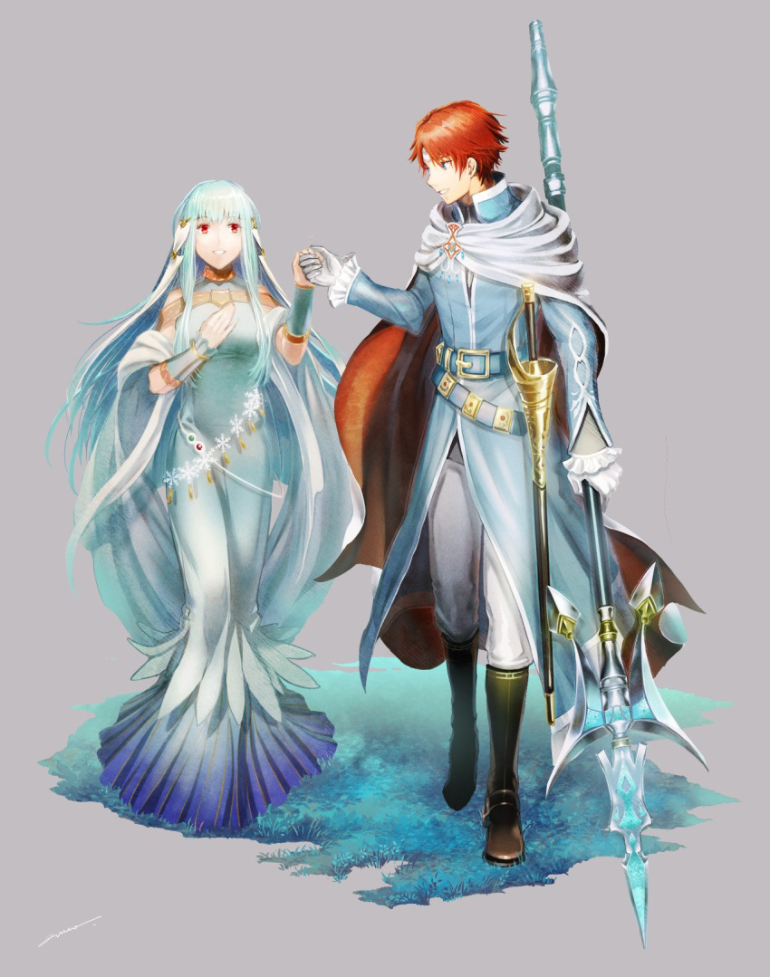 1boy 1girl amatari_sukuzakki belt blue_eyes blue_hair boots cape dress eliwood_(fire_emblem) fire_emblem fire_emblem:_the_blazing_blade fire_emblem_heroes gloves grey_background highres holding holding_hands holding_weapon knee_boots long_hair long_sleeves looking_to_the_side ninian_(fire_emblem) polearm red_eyes redhead short_hair simple_background weapon white_gloves
