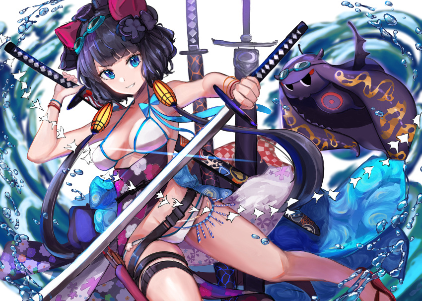 1girl absurdres bangs bikini bracelet breasts fate/grand_order fate_(series) floral_print goggles goggles_on_head grin gu_luco hair_ornament highres holding holding_sword holding_weapon huge_filesize jewelry katana katsushika_hokusai_(fate/grand_order) katsushika_hokusai_(swimsuit_saber)_(fate) leg_belt looking_at_viewer multiple_swords octopus purple_hair short_hair_with_long_locks small_breasts smile swimsuit sword thigh_strap tokitarou_(fate/grand_order) weapon white_bikini