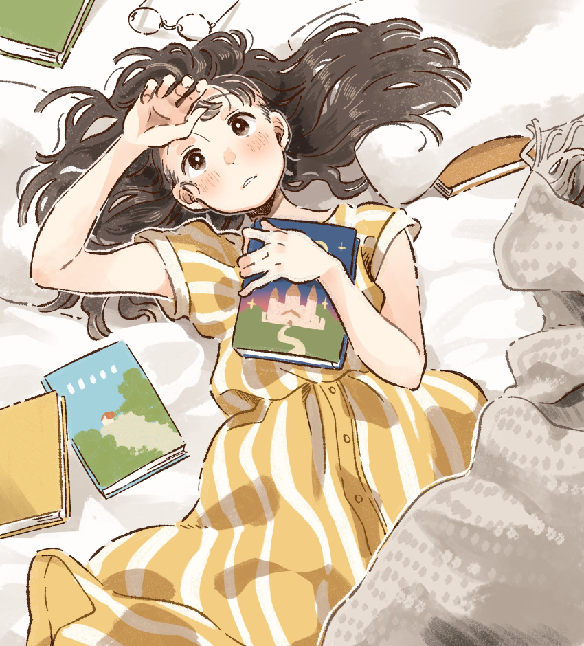 1girl absurdres bed blush book brown_eyes brown_hair dress eyewear_removed hair_spread_out hand_on_own_head highres holding holding_book kana_(okitasougo222) long_hair lying on_back on_bed original solo striped striped_dress