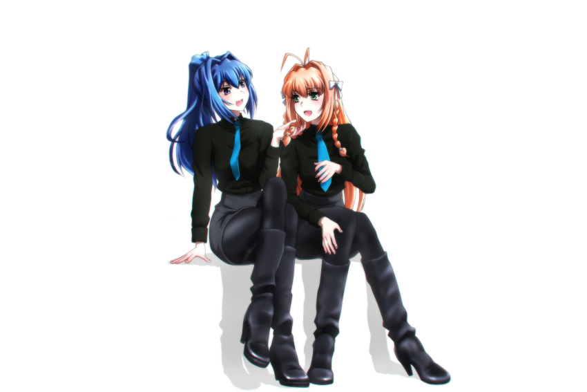 antenna_hair aqua_eyes black_legwear black_shirt blue_eyes blue_hair blush boots braid breasts genya_(genya67) green_eyes hair_intakes hayase_mitsuki highres kimi_ga_nozomu_eien long_hair muvluv muvluv_alternative open_mouth ponytail shirt skirt smile suzumiya_haruka twin_braids