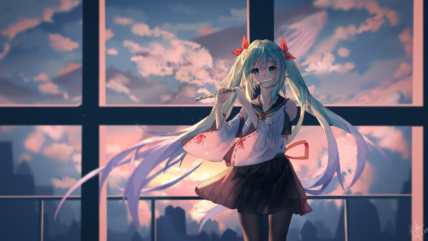 1girl absurdres alternate_costume aqua_hair backlighting bangs bare_shoulders black_legwear black_skirt blue_eyes blue_sailor_collar blue_whale chinese_commentary cityscape clouds cloudy_sky commentary_request detached_sleeves eyebrows_visible_through_hair flute hatsune_miku highres indoors instrument long_hair long_sleeves looking_at_viewer music neckerchief pantyhose playing_instrument pleated_skirt red_ribbon ribbon ribbon-trimmed_sleeves ribbon_trim sailor_collar school_uniform serafuku shirt sidelocks signature skirt sky solo sunlight user_cxmk7438 very_long_hair vocaloid white_shirt wide_sleeves window yellow_neckwear