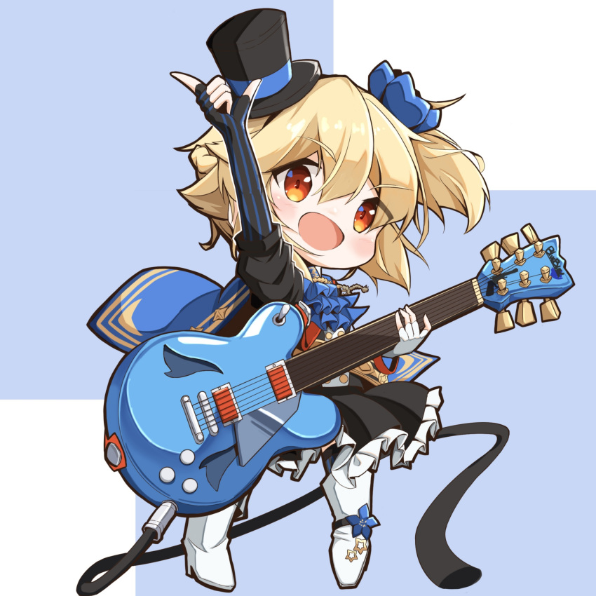 1girl :d arm_up bangs black_dress black_gloves black_headwear blonde_hair blue_background blue_bow blue_cape blush boots bow cape commentary_request dress electric_guitar eyebrows_visible_through_hair fingerless_gloves frilled_dress frills full_body girls_frontline gloves guitar hair_between_eyes hair_bow hat high_heel_boots high_heels highres holding holding_instrument instrument kneehighs matsuo_(matuonoie) mini_hat mini_top_hat mismatched_gloves nagant_revolver_(girls_frontline) open_mouth puffy_short_sleeves puffy_sleeves red_eyes short_sleeves smile solo standing striped striped_gloves striped_legwear tilted_headwear top_hat two-tone_background vertical-striped_gloves vertical-striped_legwear vertical_stripes white_background white_footwear white_gloves