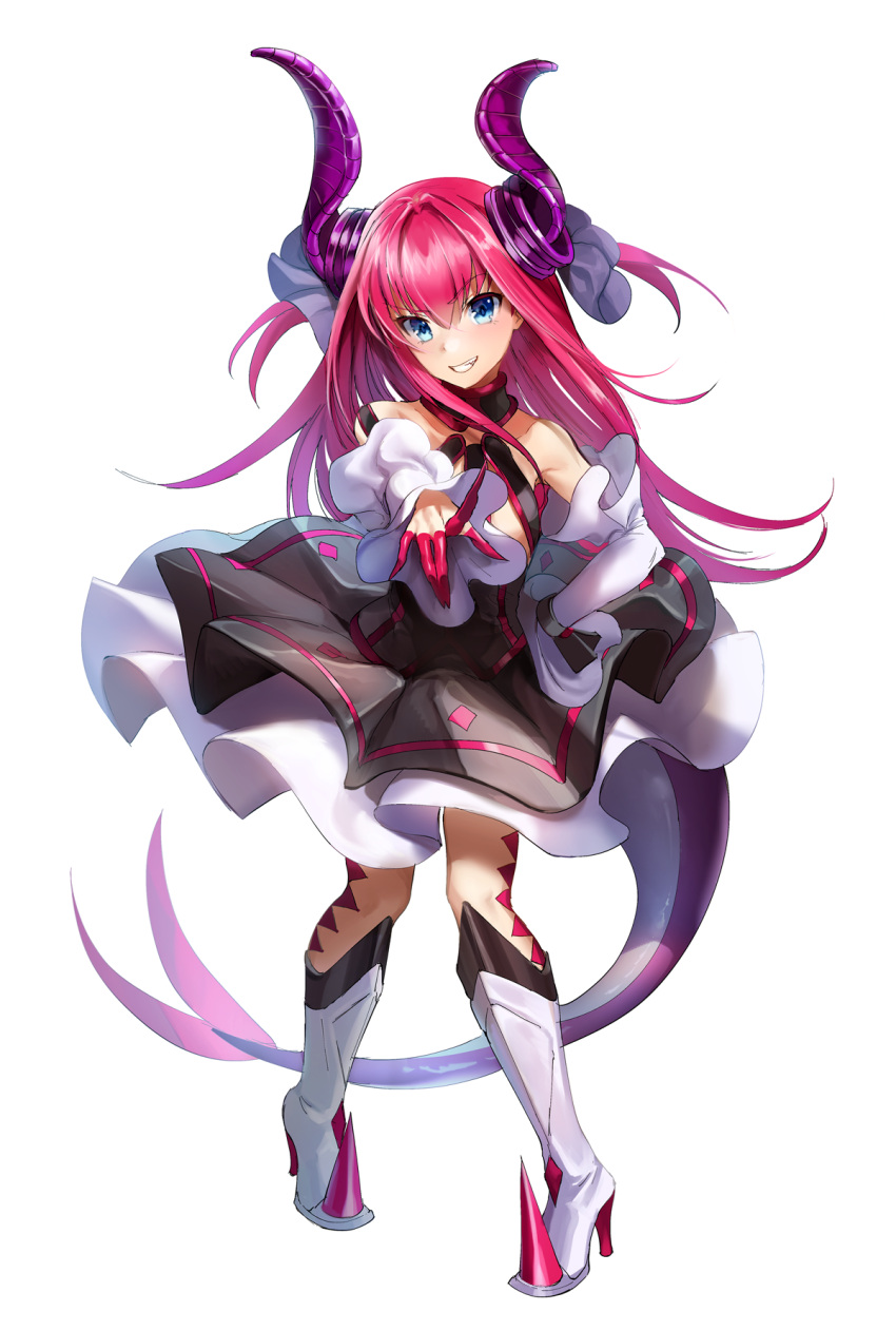 1girl asymmetrical_horns blue_eyes boba boots corset curled_horns dragon_girl dragon_horns dragon_tail dress elizabeth_bathory_(fate) elizabeth_bathory_(fate)_(all) fate/extra fate/extra_ccc fate/grand_order fate_(series) full_body high_heel_boots high_heels highres horns idol layered_dress long_hair pink_hair pointy_ears simple_background solo spiked_footwear tail white_background white_footwear