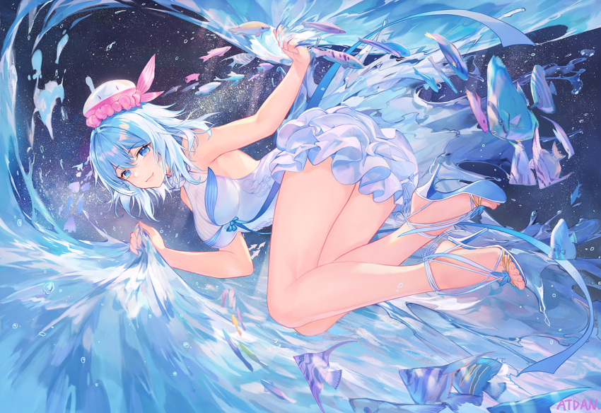 1girl artist_name atdan bare_arms bare_legs bare_shoulders blue_eyes blue_hair closed_mouth dress fang fish haiyi halter_dress hat high_heels holding jellyfish looking_at_viewer short_hair sleeveless sleeveless_dress smile solo synthesizer_v thighs water white_dress