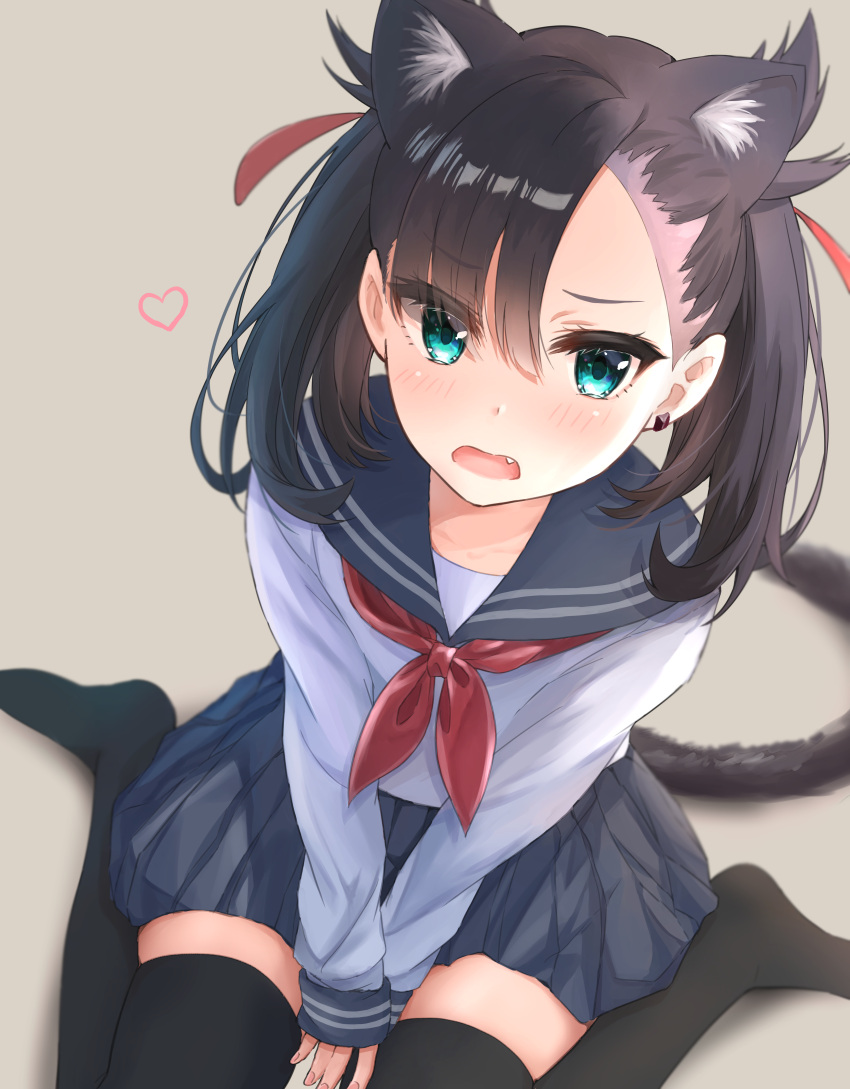 1girl absurdres alternate_costume animal_ears asymmetrical_bangs bangs between_legs black_hair black_legwear blue_eyes blue_sailor_collar blue_skirt brown_background cat_ears cat_girl cat_tail commentary_request earrings fang from_above haru_(re_ilust) heart highres huge_filesize jewelry kemonomimi_mode long_hair long_sleeves looking_at_viewer mary_(pokemon) miniskirt neckerchief no_shoes open_mouth pleated_skirt pokemon pokemon_(game) pokemon_swsh red_neckwear sailor_collar school_uniform serafuku shirt short_hair simple_background sitting skirt solo tail thigh-highs twintails v_arms wariza white_shirt zettai_ryouiki