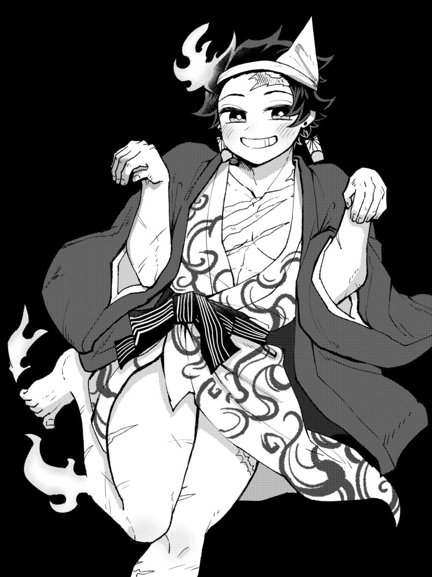 1boy ahan712 barefoot bath_yukata black_background company_connection cosplay earrings floating ghost greyscale grin hanten_(clothes) highres japanese_clothes jewelry kamado_tanjirou kimetsu_no_yaiba kimono leg_up looking_at_viewer male_focus monochrome scar shounen_jump simple_background smile triangular_headpiece yukata yunohana_yuuna yunohana_yuuna_(cosplay) yuragisou_no_yuuna-san