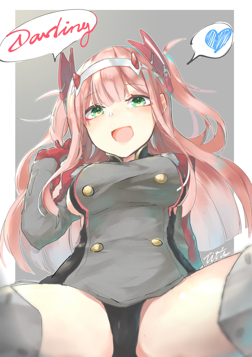 1girl absurdres azur_lane breasts cosplay darling_in_the_franxx english_text gloves green_eyes heart highres horns long_hair medium_breasts pink_hair prinz_eugen_(azur_lane) prinz_eugen_(azur_lane)_(cosplay) red_gloves smile solo speech_bubble spoken_heart spread_legs thighs tittu zero_two_(darling_in_the_franxx)