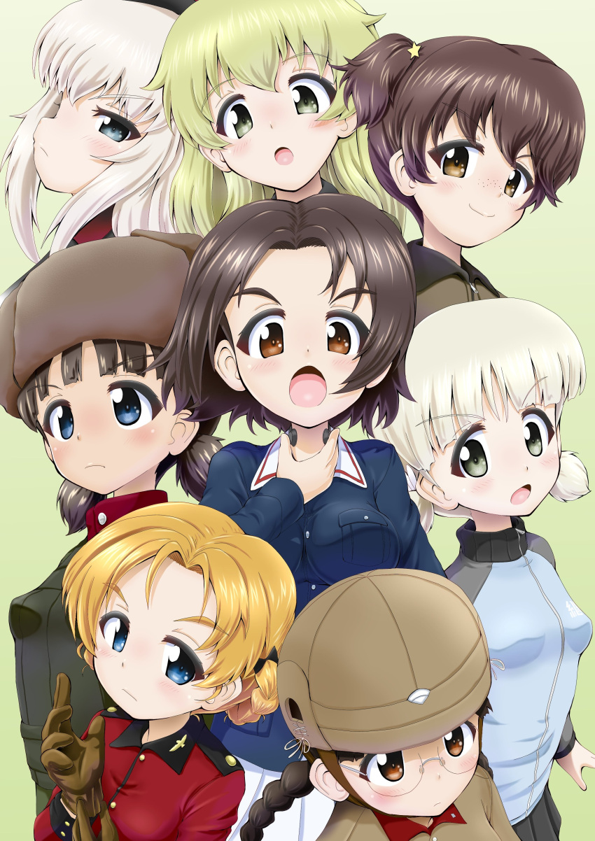 6+girls absurdres aki_(girls_und_panzer) alisa_(girls_und_panzer) bangs black_bow black_hair black_headwear black_vest blonde_hair blue_eyes blue_jacket blue_skirt bow braid brown_eyes brown_gloves brown_hair brown_headwear brown_jacket carpaccio chi-hatan_military_uniform closed_mouth commentary daxz240r emblem epaulettes eyebrows_visible_through_hair freckles frown fukuda_(girls_und_panzer) fur_hat girls_und_panzer glasses glove_pull gloves green_background green_eyes hair_bow hair_ornament hair_tie hand_on_own_throat hat helmet highres insignia itsumi_erika jacket keizoku_military_uniform kuromorimine_military_uniform light_blush light_brown_hair long_hair long_sleeves looking_at_viewer looking_to_the_side medium_hair military military_uniform miniskirt multiple_girls nina_(girls_und_panzer) ooarai_military_uniform open_mouth orange_hair orange_pekoe parted_bangs pleated_skirt pravda_military_uniform raglan_sleeves red_jacket red_shirt round_eyewear saunders_military_uniform sawa_azusa shirt short_hair short_twintails silver_hair simple_background skirt smirk st._gloriana's_military_uniform star star_hair_ornament throat_microphone tied_hair track_jacket turtleneck twin_braids twintails uniform ushanka vest white_skirt