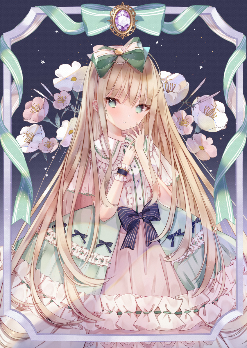 1girl absurdres bangs blonde_hair buttons closed_mouth commentary_request dress eyebrows_visible_through_hair flower frilled_dress frills green_eyes hair_ribbon highres huge_filesize kotamun lolita_fashion long_hair looking_at_viewer original ribbon shawl short_sleeves single_wrist_cuff solo standing striped striped_ribbon very_long_hair