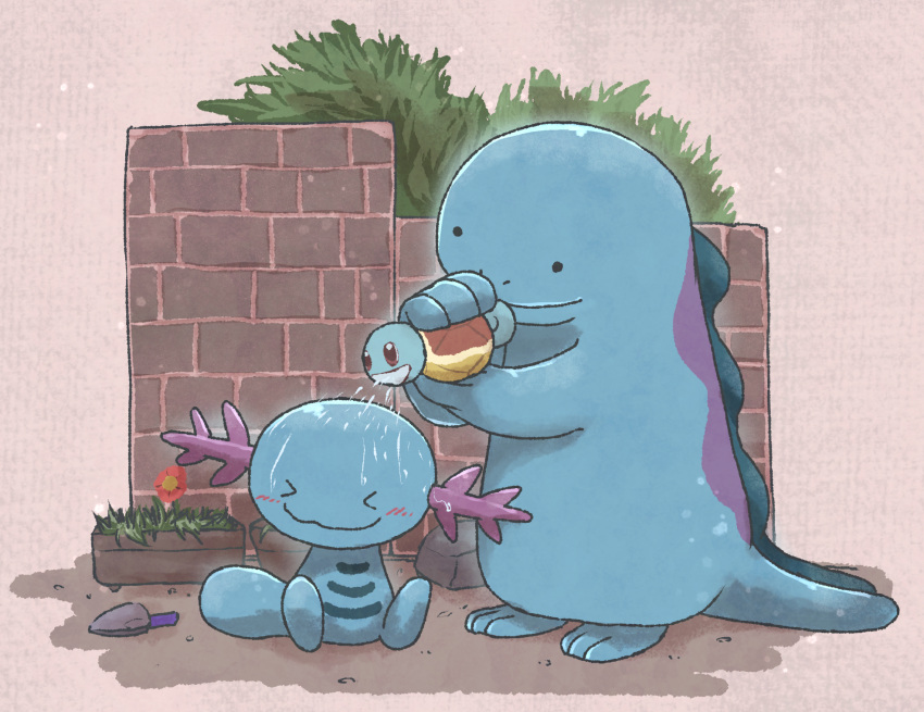 &gt;_&lt; blush brick_wall closed_mouth commentary_request evolutionary_line flower highres holding kotobukkii_(yt_lvlv) no_humans pokemon pokemon_(creature) quagsire sitting smile solid_circle_eyes squirtle themed_object toes watering watering_can wooper