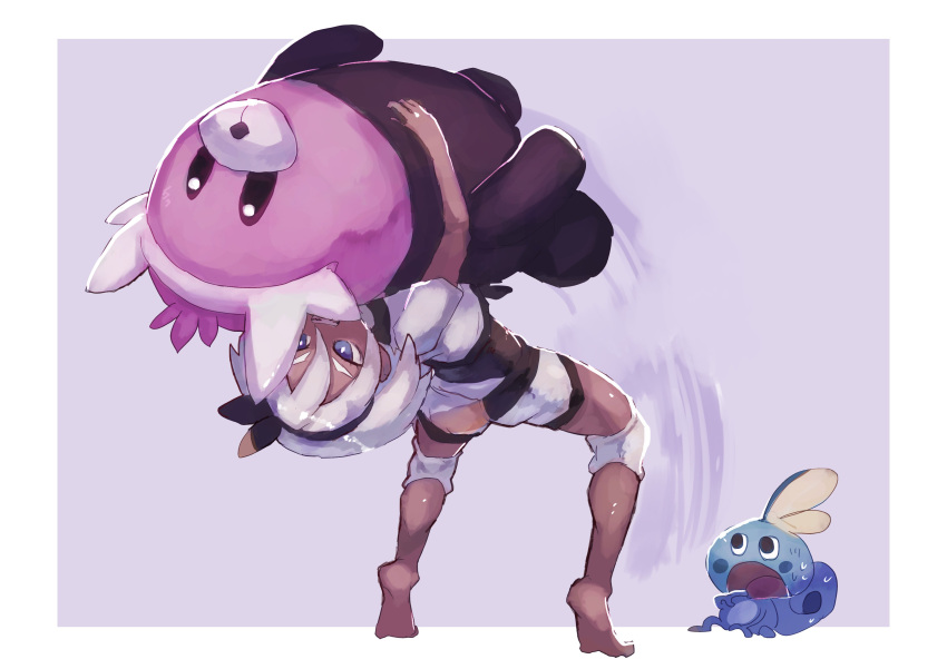 1girl absurdres barefoot bewear bodysuit bodysuit_under_clothes dark_skin gloves grey_hair gym_leader hairband highres lifting_another pokemon pokemon_(game) pokemon_swsh purple_background saitou_(pokemon) shiburingaru shirt short_hair short_sleeves shorts suplex two-tone_background white_shirt wristband