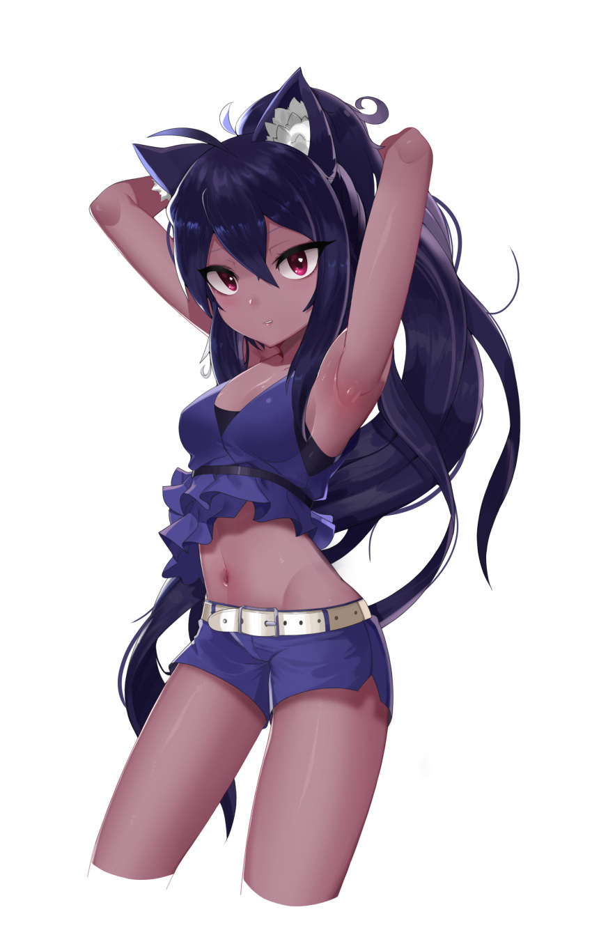 1girl absurdres ahoge animal_ear_fluff animal_ears armpits arms_behind_head belt black_bra bra breasts character_request cropped_legs dark_skin dungeon_and_fighter fox_ears frilled_shirt frills hair_between_eyes highres long_hair looking_at_viewer medium_breasts midriff navel ponytail purple_hair purple_shirt purple_shorts red_eyes shirt shorts simple_background sleeveless sleeveless_shirt solo tsumo_(tsu_m0) underwear very_long_hair white_background white_belt
