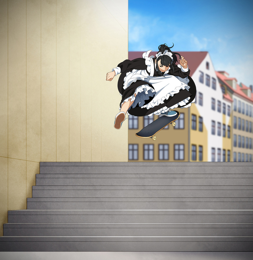 1girl apron black_dress black_hair blurry blurry_background building closed_eyes closed_mouth commentary_request day depth_of_field dress frilled_apron frilled_dress frills full_body highres house long_hair long_sleeves maid_headdress midair original outdoors ponytail sidelocks skateboard solo stairs suzushiro_(suzushiro333) town white_apron