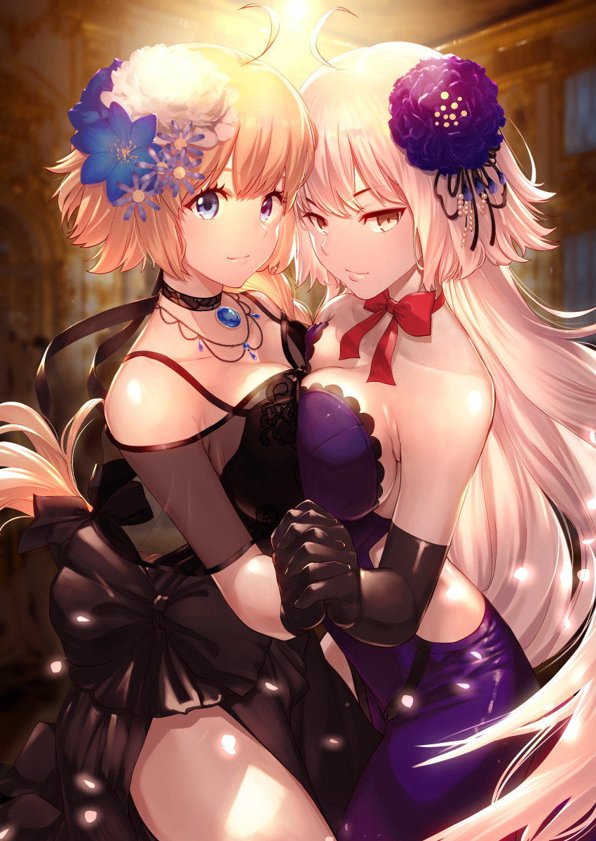 2girls absurdres ahoge bangs bare_shoulders black_choker black_dress black_gloves blonde_hair blue_eyes blurry braid breast_press breasts choker closed_mouth commentary_request contemporary depth_of_field dress elbow_gloves eyebrows_visible_through_hair fate/grand_order fate_(series) flower flower_request from_side gloves hair_between_eyes hair_flower hair_ornament highres holding_hands indoors jeanne_d'arc_(alter)_(fate) jeanne_d'arc_(fate) jeanne_d'arc_(fate)_(all) large_breasts light_smile lips long_braid long_hair multiple_girls nakanishi_tatsuya neck_ribbon purple_dress red_ribbon ribbon see-through shiny shiny_clothes shiny_hair side_slit silver_hair single_braid tsurime very_long_hair yellow_eyes