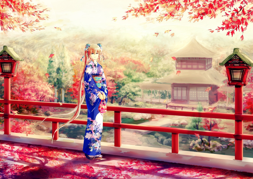 1girl aqua_eyes aqua_hair blue_kimono floral_print flower hair_flower hair_ornament hare_(qing) hatsune_miku japanese_clothes kimono long_hair obi sash solo twintails very_long_hair vocaloid