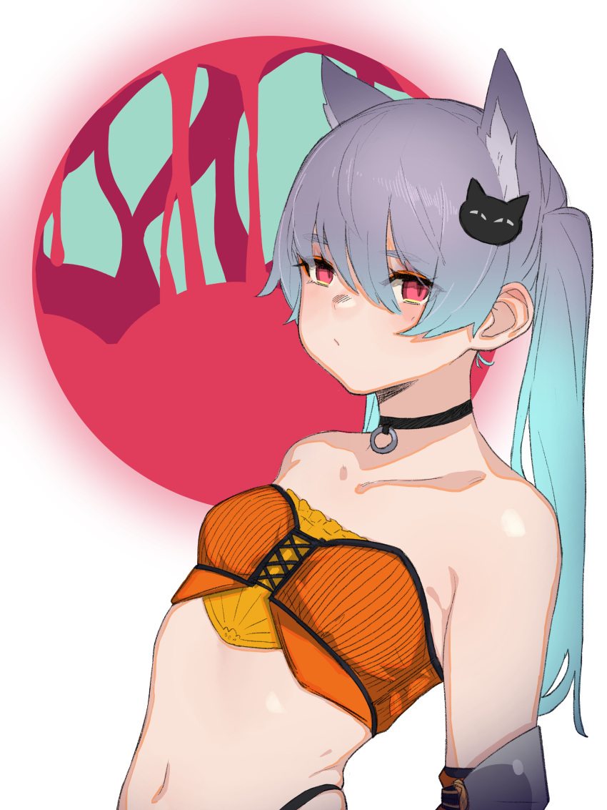 1girl absurdres animal_ears bangs bare_shoulders breasts choker elbow_pads hair_ornament highres looking_at_viewer midriff moon navel nezuko original purple_hair red_moon slit_pupils solo transparent_background twintails violet_eyes