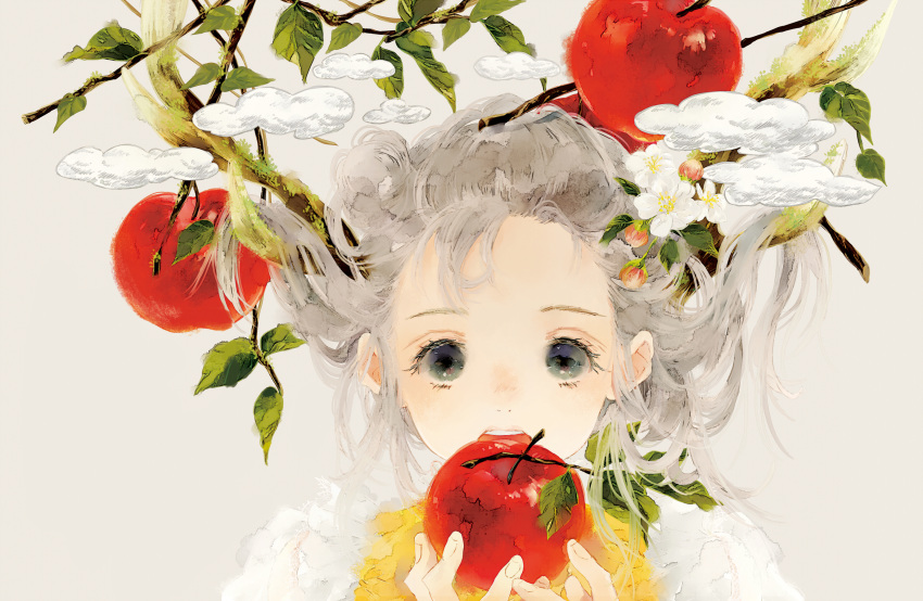 1girl antlers apple branch clouds commentary flower food fruit grey_background grey_eyes grey_hair hands_up highres holding holding_food holding_fruit leaf looking_at_viewer medium_hair moss niwa_haruki open_mouth original portrait shirt simple_background solo white_shirt