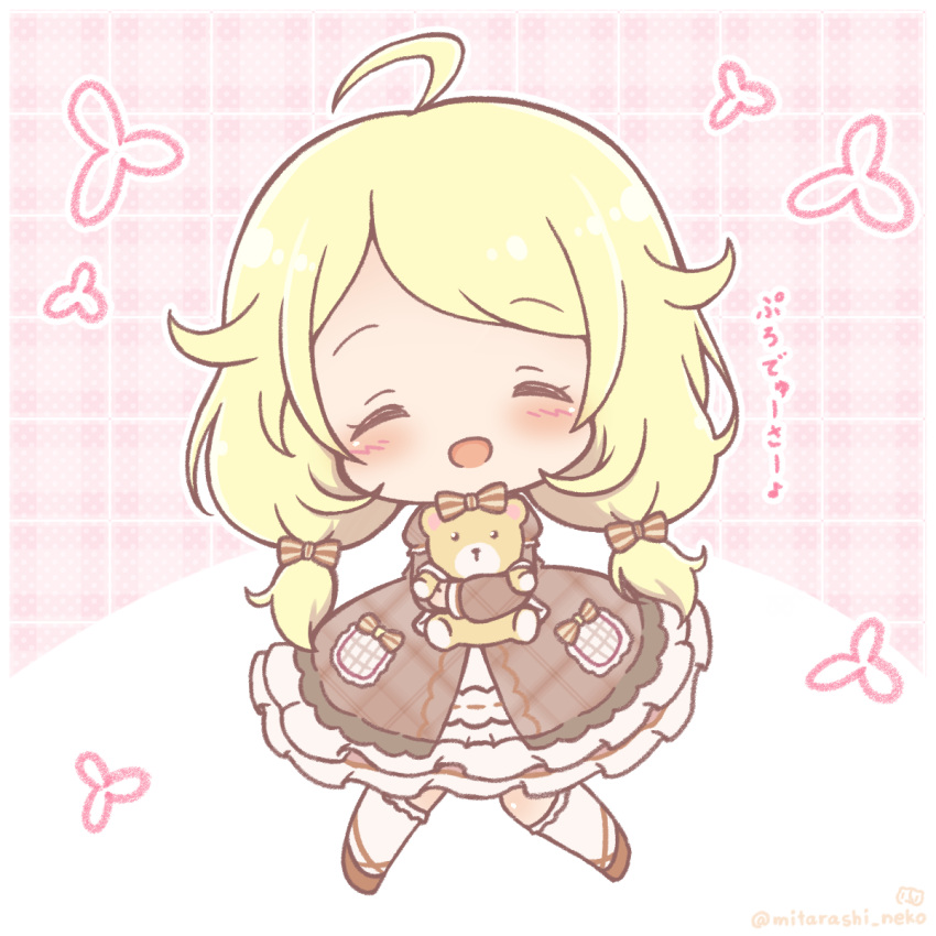 1girl ^_^ ahoge bangs blonde_hair blush bow chibi closed_eyes commentary_request doll doll_hug dress eyebrows_visible_through_hair flower_(symbol) hair_bow hair_flaps highres idolmaster idolmaster_cinderella_girls kneehighs long_hair low_twintails mitarashi_neko_(aamr7853) object_hug open_mouth outline plaid plaid_background plaid_dress pleated_dress smile striped striped_bow stuffed_animal stuffed_toy teddy_bear translated twintails twitter_username yusa_kozue