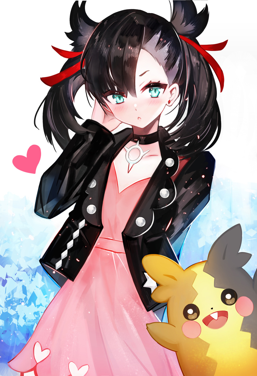 1girl aqua_eyes black_choker black_hair black_jacket blush brown_eyes chestnut_mouth choker collarbone commentary dress earrings gen_8_pokemon hair_ribbon hand_up heart highres jacket jewelry long_sleeves looking_at_viewer mary_(pokemon) moemoe3345 morpeko open_clothes open_jacket parted_lips pink_dress pokemon pokemon_(creature) pokemon_(game) pokemon_swsh red_ribbon ribbon solo stud_earrings twintails upper_teeth