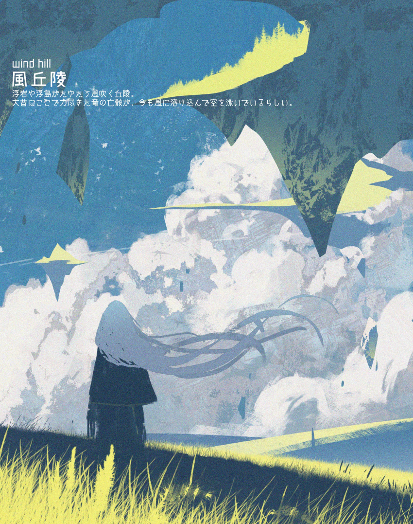 1girl absurdres asteroid_ill bird clouds day floating_island from_behind grass highres iz_(asteroid_ill) long_hair mechanical_arm original outdoors scenery sky solo standing translation_request very_long_hair white_hair