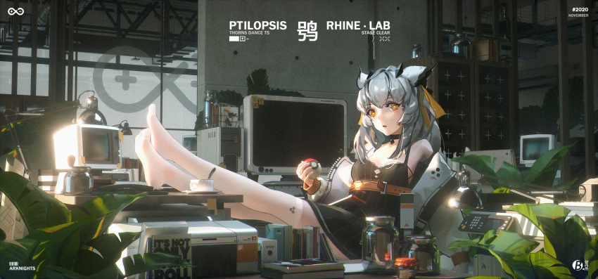 1girl animal_ears arknights bangs black_dress book choker cup day dress eyebrows_visible_through_hair grey_hair highres holding ibara_dance indoors jacket jar keyboard_(computer) long_sleeves looking_at_viewer monitor open_clothes open_jacket orange_eyes plant poke_ball potted_plant ptilopsis_(arknights) solo thigh-highs window