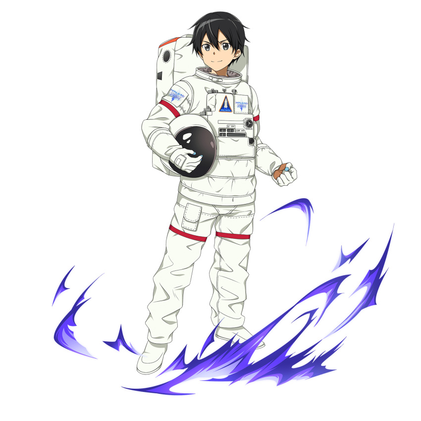 1boy astronaut astronaut_helmet black_eyes black_hair boots closed_mouth gloves highres kirito male_focus official_art pants shiny shiny_hair smile solo sword_art_online transparent_background white_footwear white_gloves white_pants