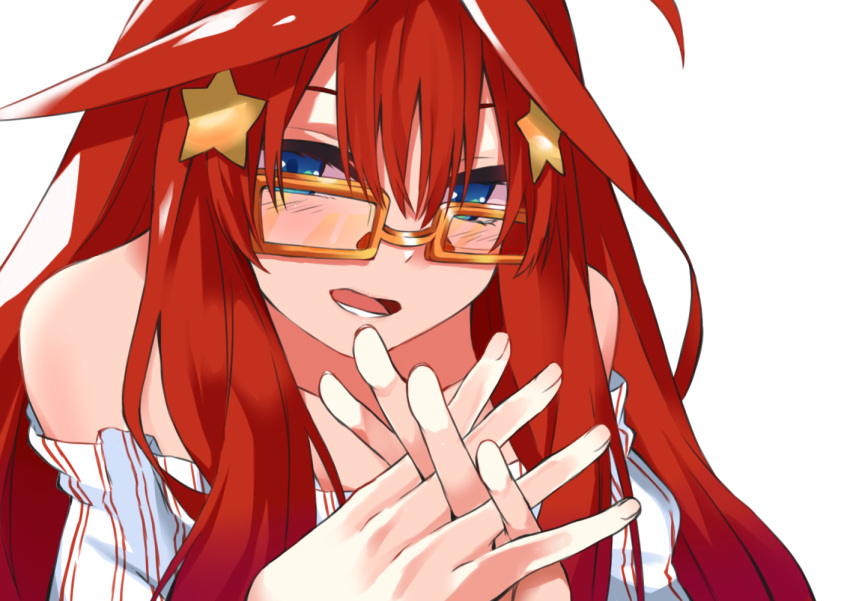 1girl bare_shoulders blue_eyes commentary_request face glasses go-toubun_no_hanayome hair_between_eyes hair_ornament interlocked_fingers long_hair looking_at_viewer nakano_itsuki off_shoulder open_mouth redhead shirt star star_hair_ornament striped striped_shirt yakutashi