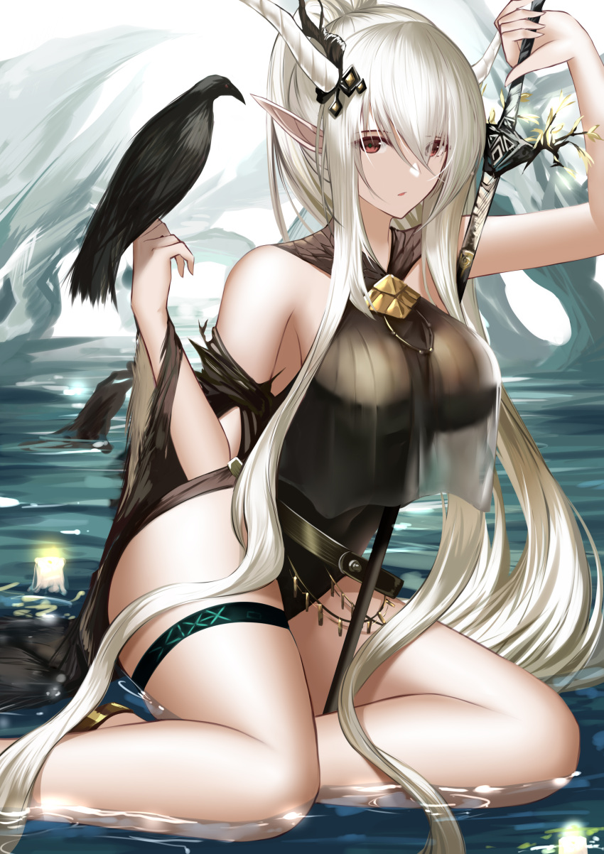 1girl absurdres alternate_costume animal arknights arm_up bangs bare_legs bare_shoulders bird black_swimsuit breasts hair_between_eyes higandgk highres holding holding_sword holding_weapon horns large_breasts leotard long_hair looking_at_viewer parted_lips pointy_ears raven_(animal) red_eyes revision shining_(arknights) sidelocks sitting solo swimsuit sword thigh_strap thighs very_long_hair water weapon white_hair