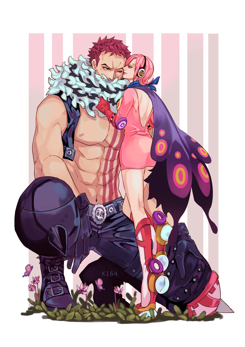 1boy 1girl abs artist_name bare_arms bare_chest bare_shoulders belt boots bug butterfly charlotte_katakuri chest chest_tattoo closed_mouth covered_mouth dress flipped_hair flower full_body gauntlets hand_on_own_thigh hand_rest headphones height_difference highres insect k164 light_smile lips long_sleeves looking_at_another messy_hair muscle nipples one_eye_closed one_knee one_piece open_clothes open_vest pants pectorals pink_dress pink_hair redhead scar scarf scarf_over_mouth short_dress short_hair sitting spikes spurs standing standing_on_one_leg stitches stomach_tattoo tattoo tiptoes very_short_hair vest vinsmoke_reiju