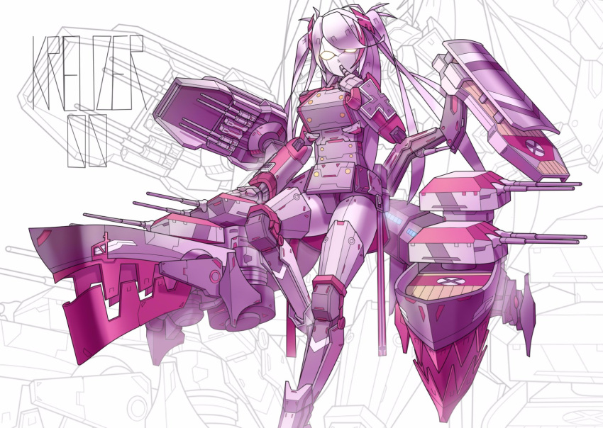 1girl artist_name azur_lane bangs breasts cannon commentary double-breasted english_commentary finger_to_mouth glowing glowing_eyes hair_over_one_eye highres iron_cross kreuzer_00 large_breasts leg_up long_hair mecha_musume mechanical multicolored_hair no_mouth prinz_eugen_(azur_lane) rigging signature solo standing standing_on_one_leg streaked_hair thigh-highs two_side_up white_hair yellow_eyes zettai_ryouiki